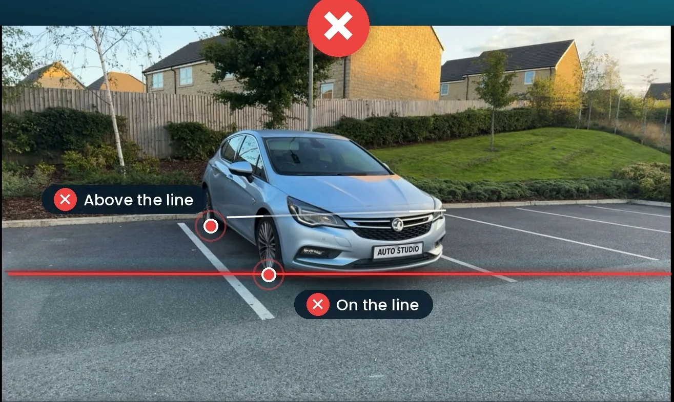 Bad example: car too far away, tyres above the guide line