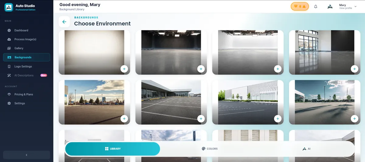 Choose Environment screen showing a grid of studio, showroom and outdoor backgrounds, with Library, Colors and AI tabs along the bottom