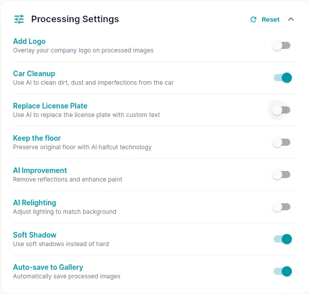 Expanded Processing Settings panel with eight switches: Add Logo, Car Cleanup, Replace License Plate, Keep the floor, AI Improvement, AI Relighting, Soft Shadow and Auto-save to Gallery, plus a Reset button